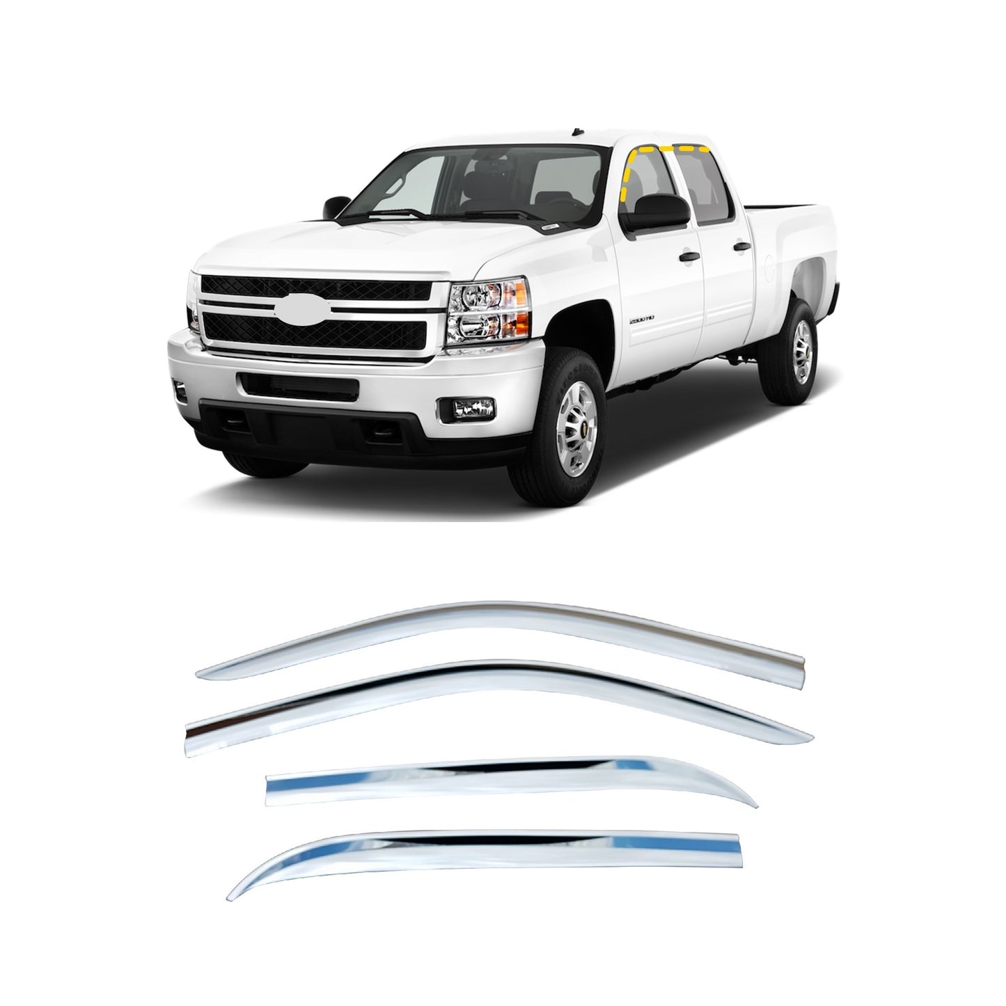 Rain Guards for Chevrolet Silverado 3500 Crew Cab 2007-2014 (4PCs) Chrome Finish Tape-On Style