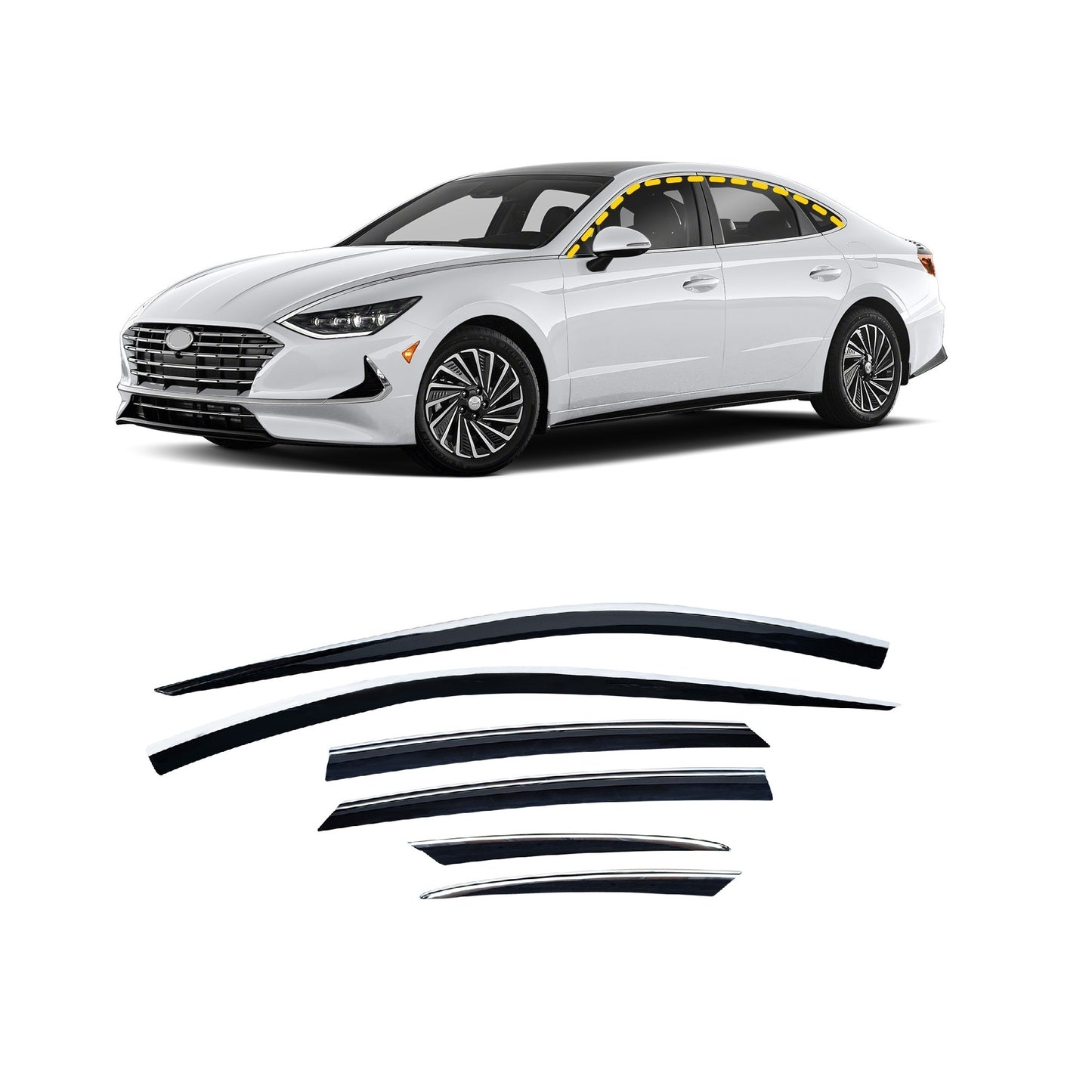 Rain Guards for Hyundai Sonata 2020-2023 (6PCs) Black with Chrome Line Tape-On Style