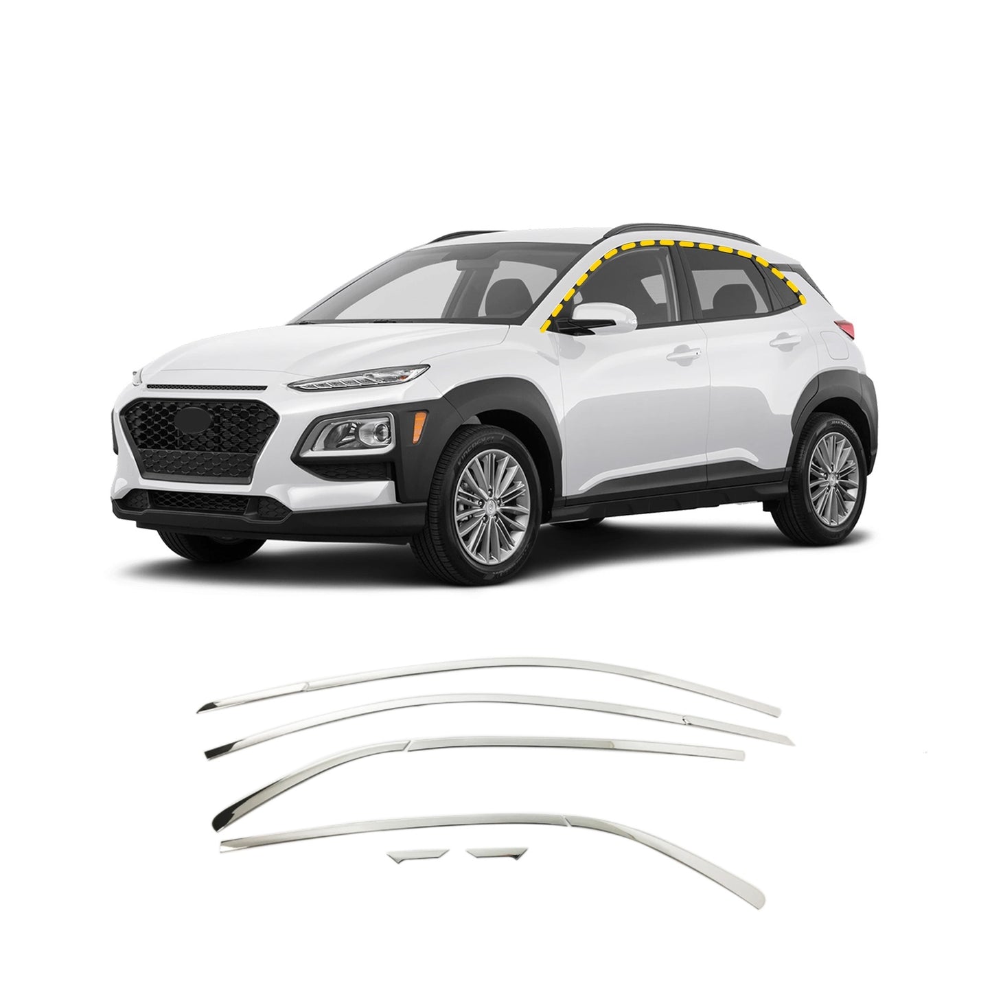 Windows Upper Frame Sill Molding Cover Trim for Hyundai Kona 2018-2023 (8PCs) Chrome Finish Tape-On Style