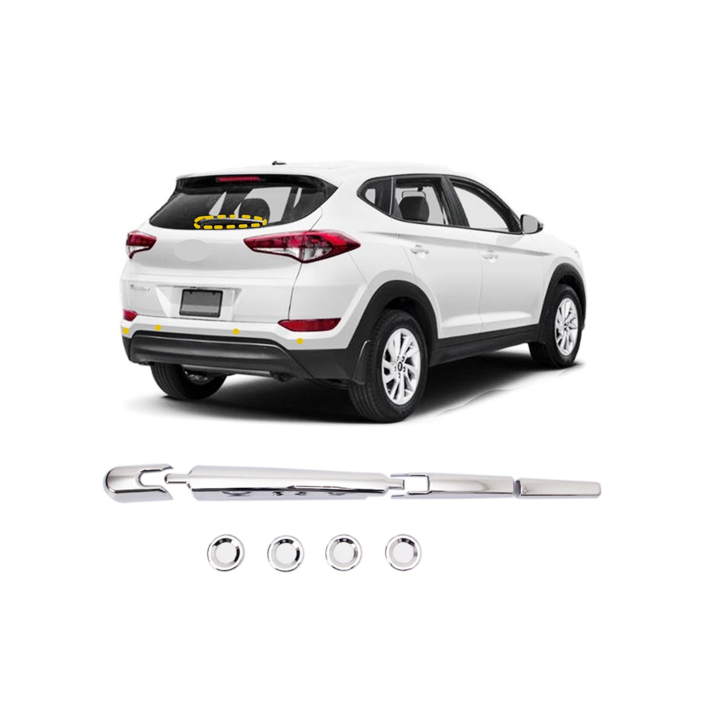 Rear Window Wiper Cover Trim & Rear Sensor Chrome Covers for Hyundai Tucson 2016-2021 (8PCs) Chrome Finish Tape-On Style