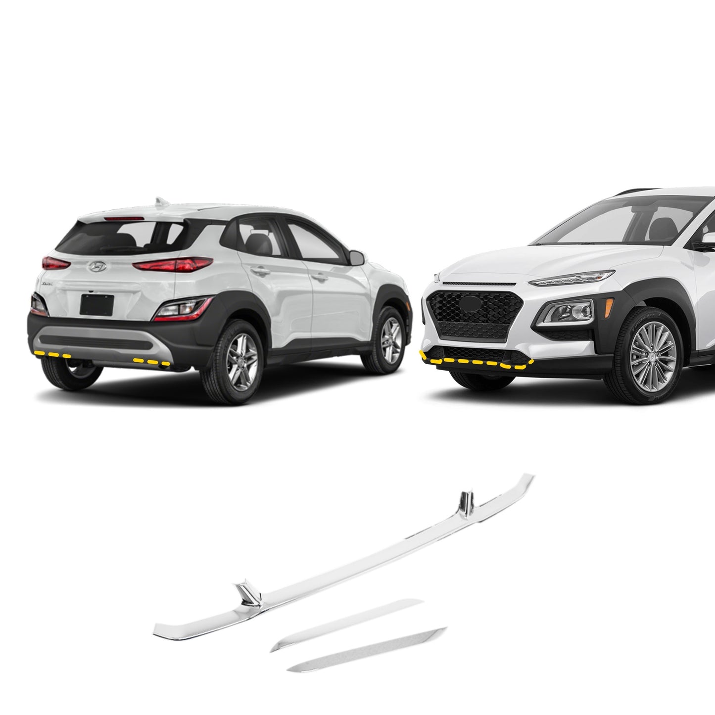 Front & Rear Bumper Corner Protector Guard for Hyundai Kona 2018-2021 (3PCs) Chrome Finish Tape-On Style