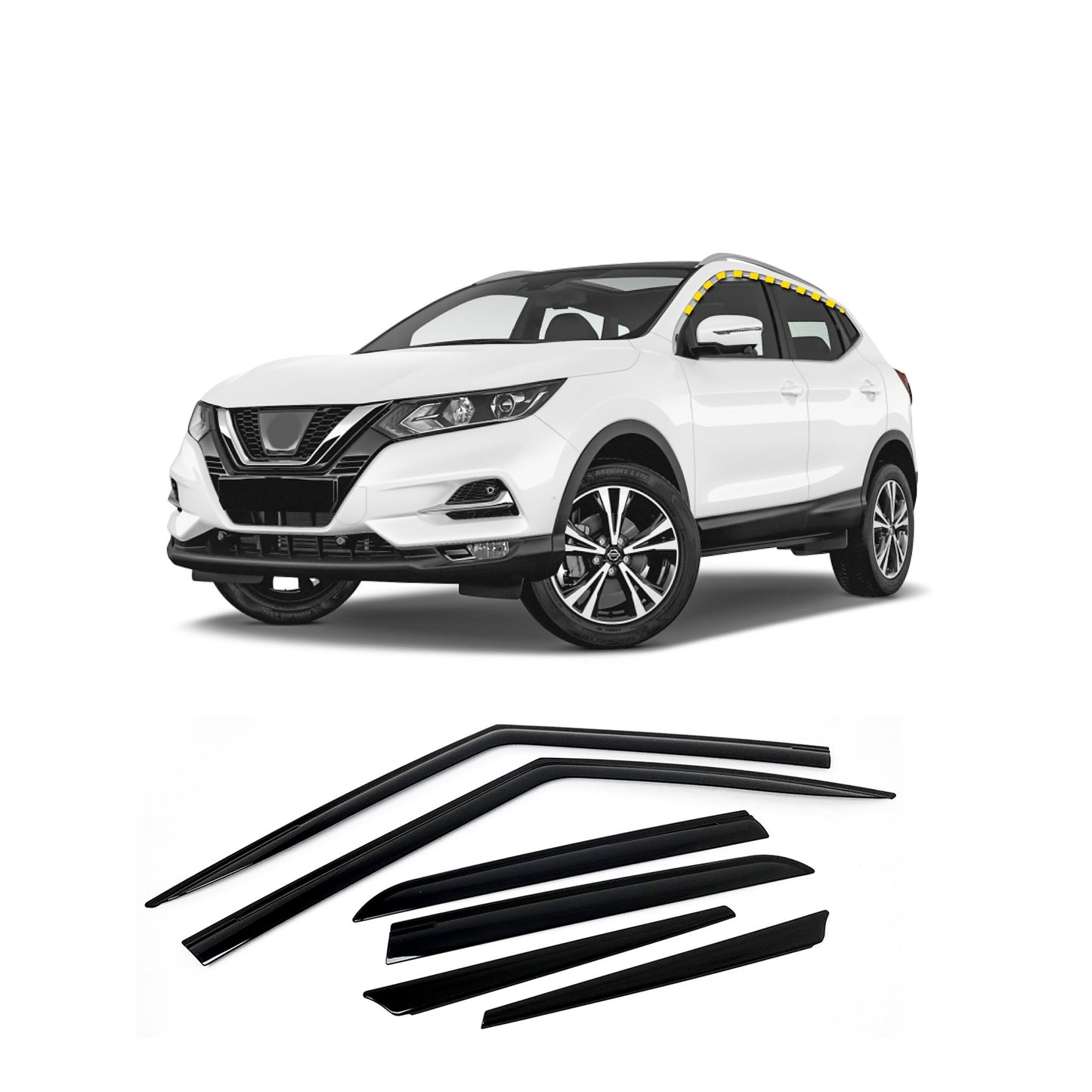 Rain Guards for Nissan Qashqai 2017-2023 (6PCs) Smoke Tinted Tape-On Style