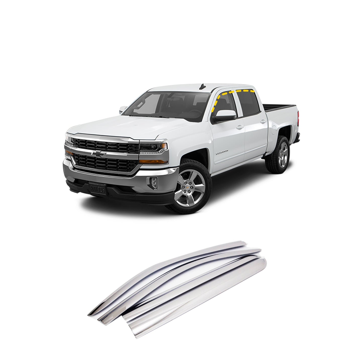 Rain Guards for Chevrolet Silverado 1500 Crew Cab 2014-2018 (4PCs) Chrome Finish Tape-On Style