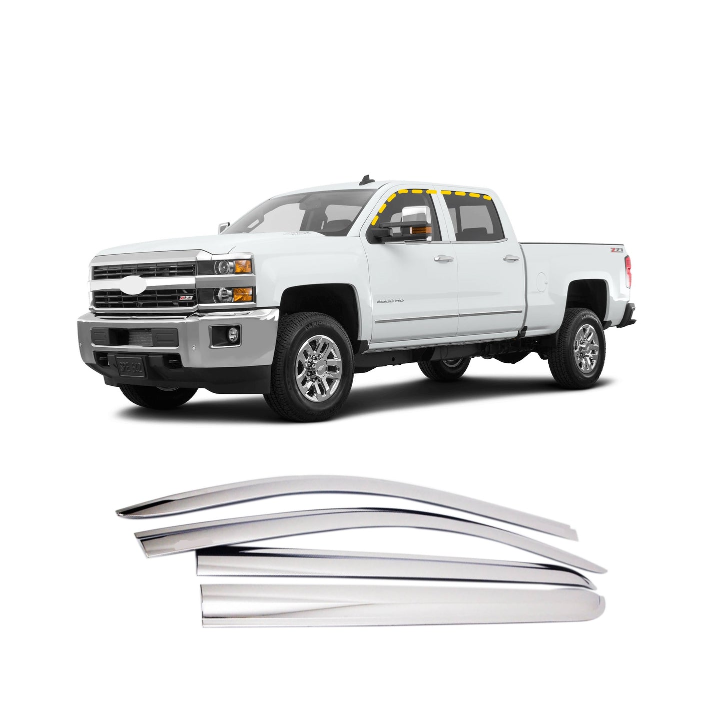 Rain Guards for Chevrolet Silverado 2500 Crew Cab 2015-2018 (4PCs) Chrome Finish Tape-On Style