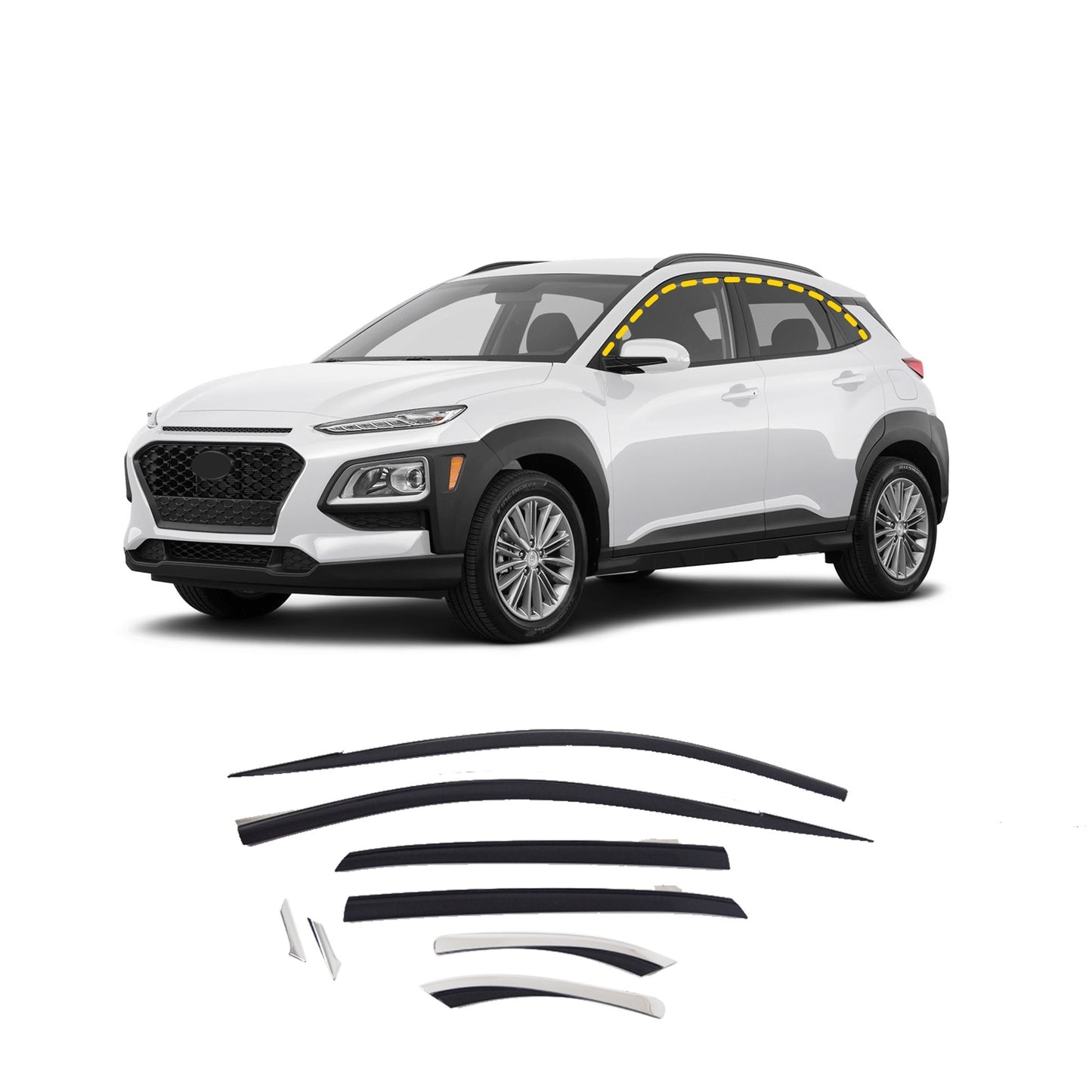 Rain Guards for Hyundai Kona 2018-2023 (8PCs) Black with Chrome Line Tape-On Style