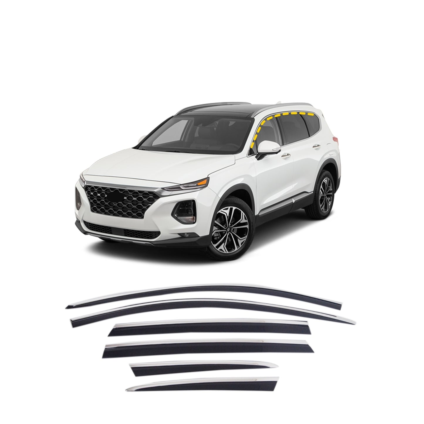 Rain Guards for Hyundai Santa Fe 2019-2023 (6PCs) Black with Chrome Line Tape-On Style