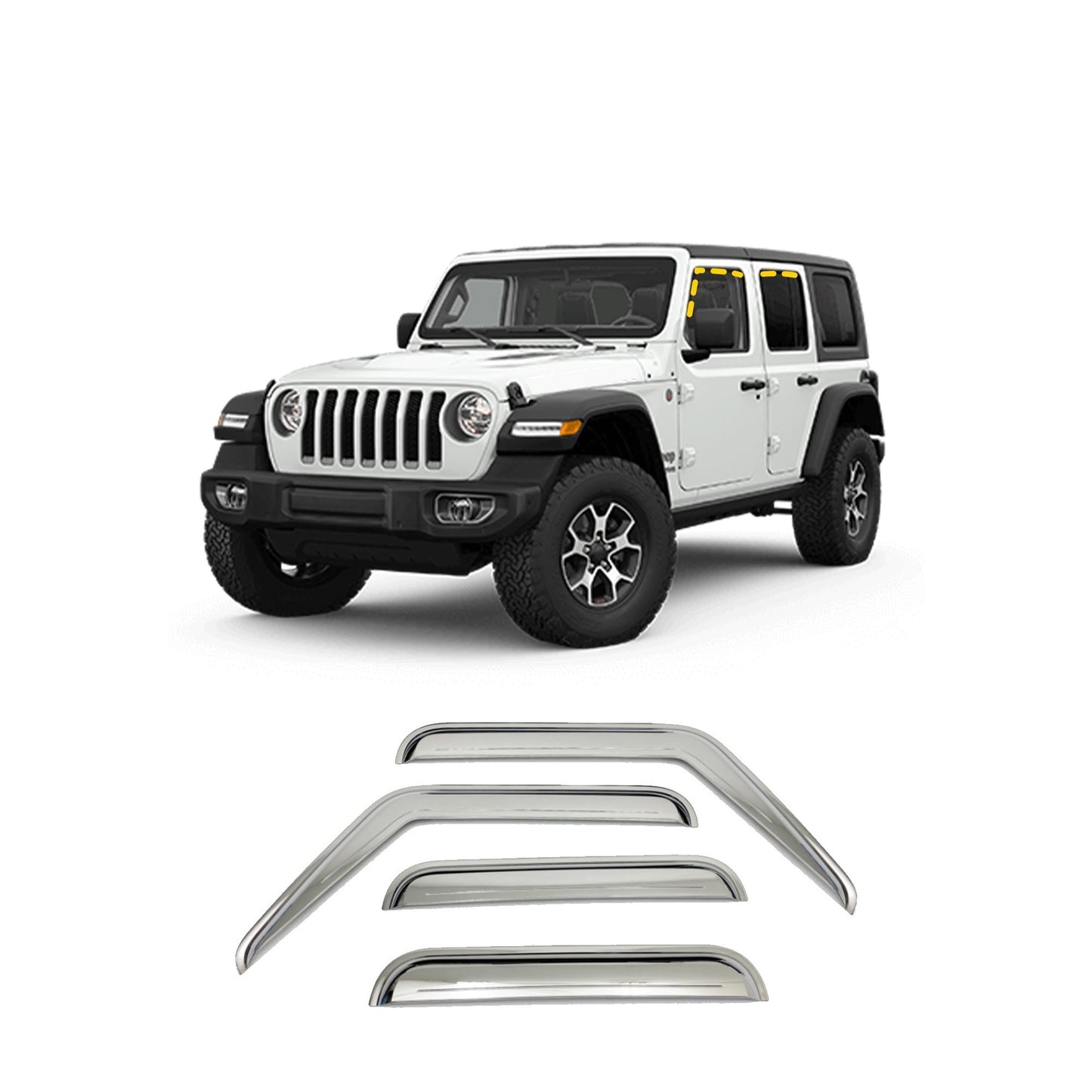 Rain Guards for Jeep Wrangler Unlimited 2018-2022 (4PCs) Chrome Finish Tape-On Style