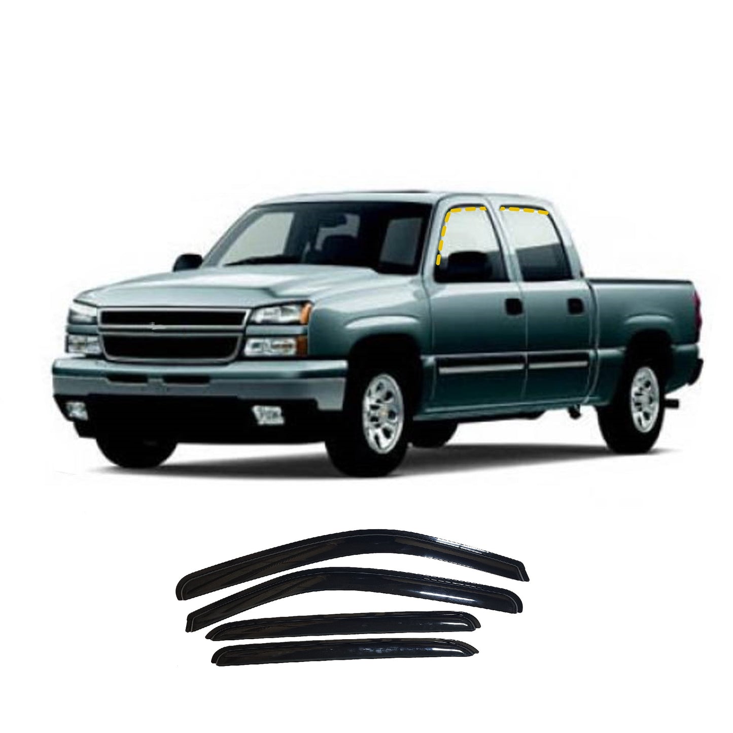 Rain Guards for Chevrolet Silverado Crew Cab 1999-2006 (4PCs) Smoke Tinted Tape-On Style