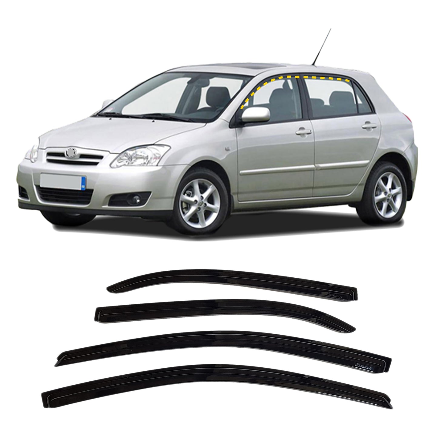 Rain Guards for Toyota Corolla 2003-2008 (4PCs) Smoke Tinted Tape-On Style