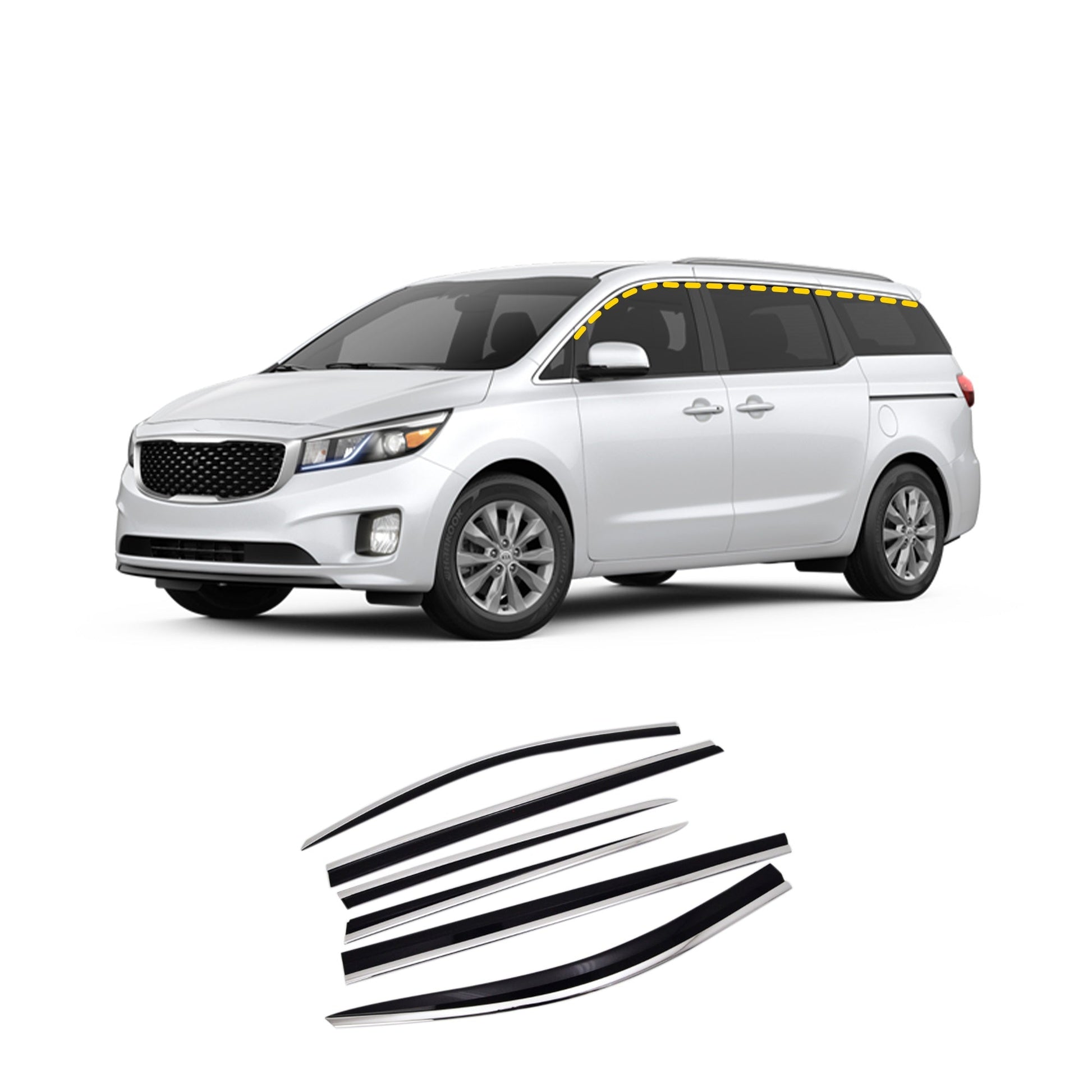 D9450 - Rain Guards for Kia Sedona 2015-2021 (6PCs) Black with Chrome Line Tape-On Style - northernprimesupply