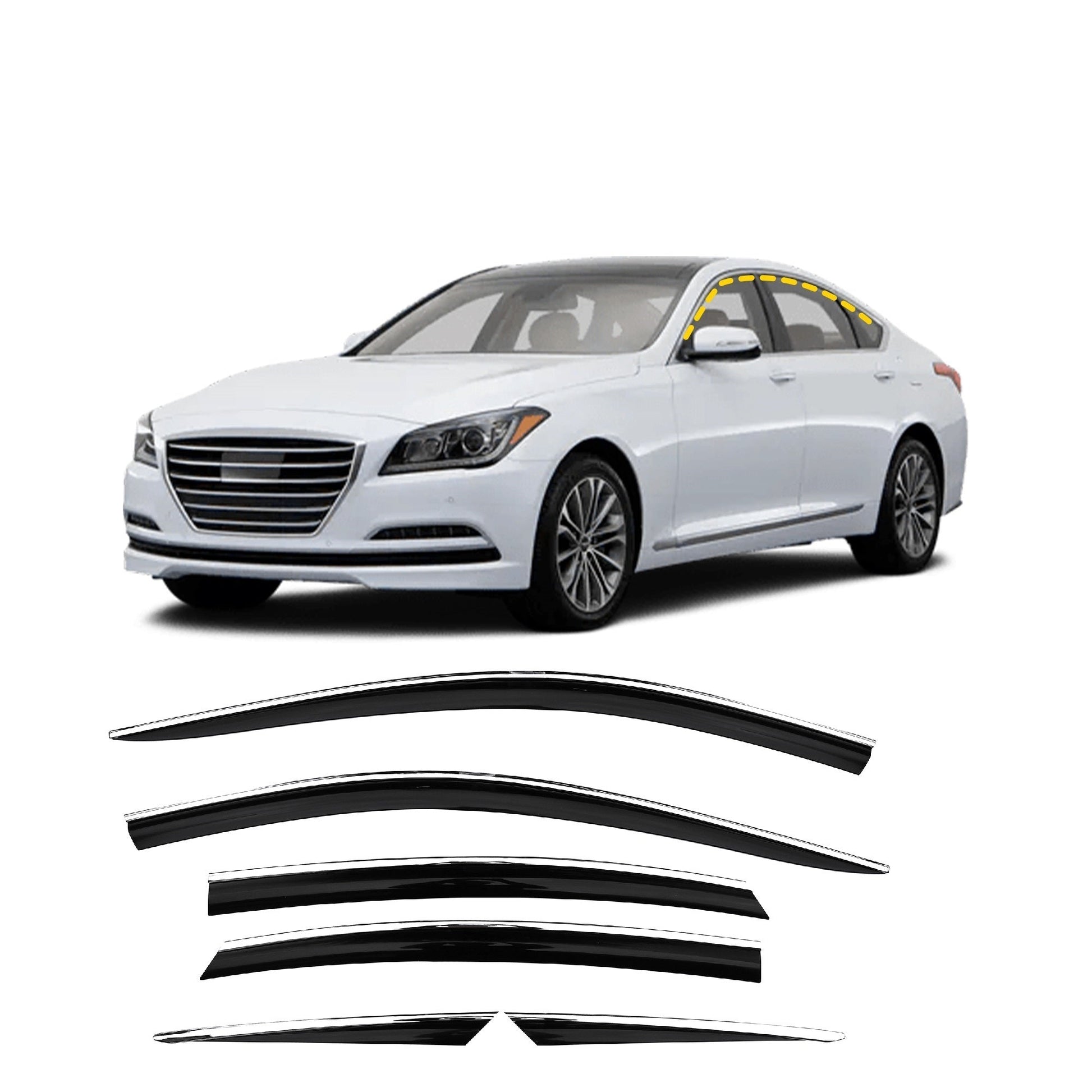 D9510 - Rain Guards for Hyundai Genesis 2015-2016 (6PCs) Black with Chrome Line Tape-On Style - northernprimesupply