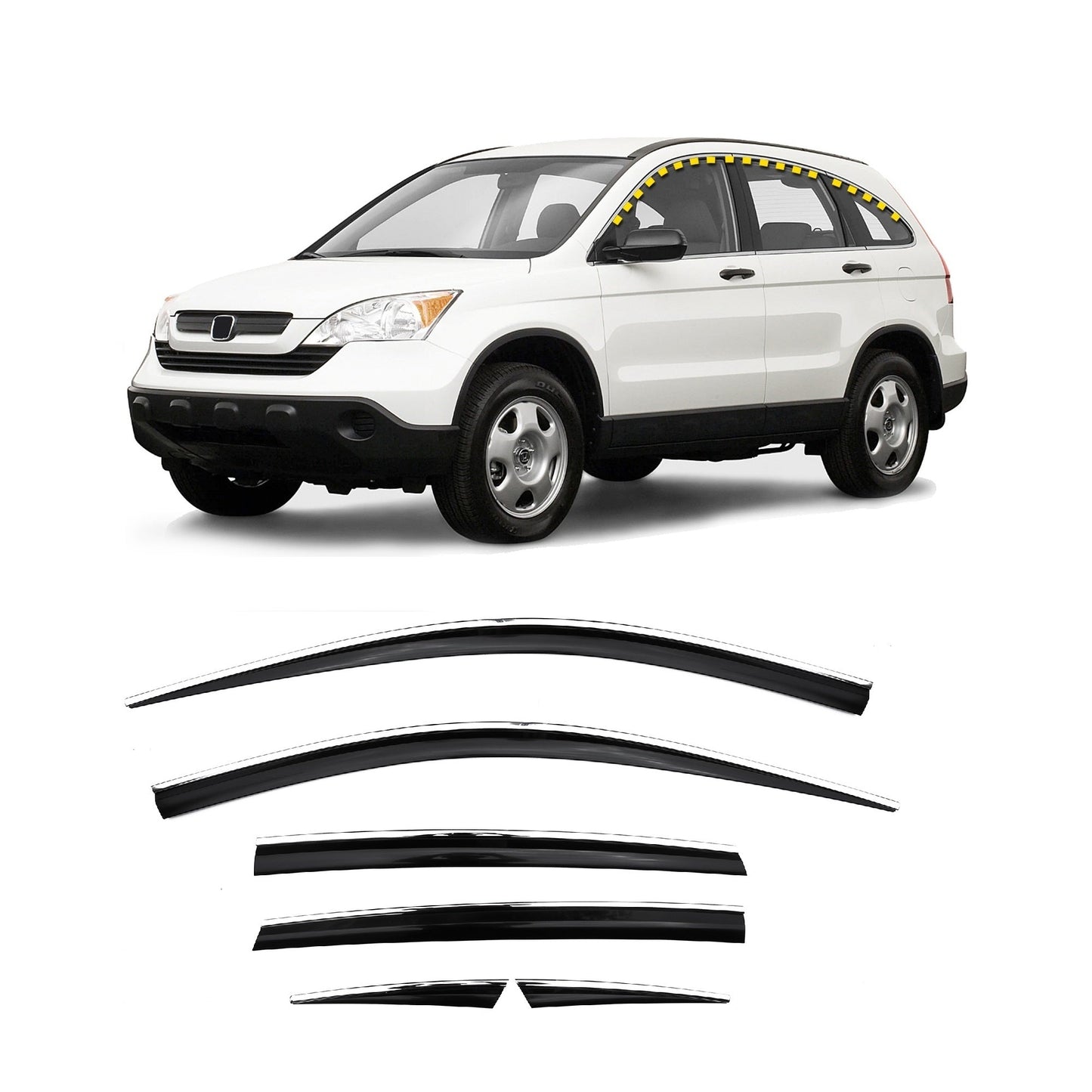 D9550 - Rain Guards for Honda CR-V 2007-2011 (6PCs) Black with Chrome Line Tape-On Style - northernprimesupply