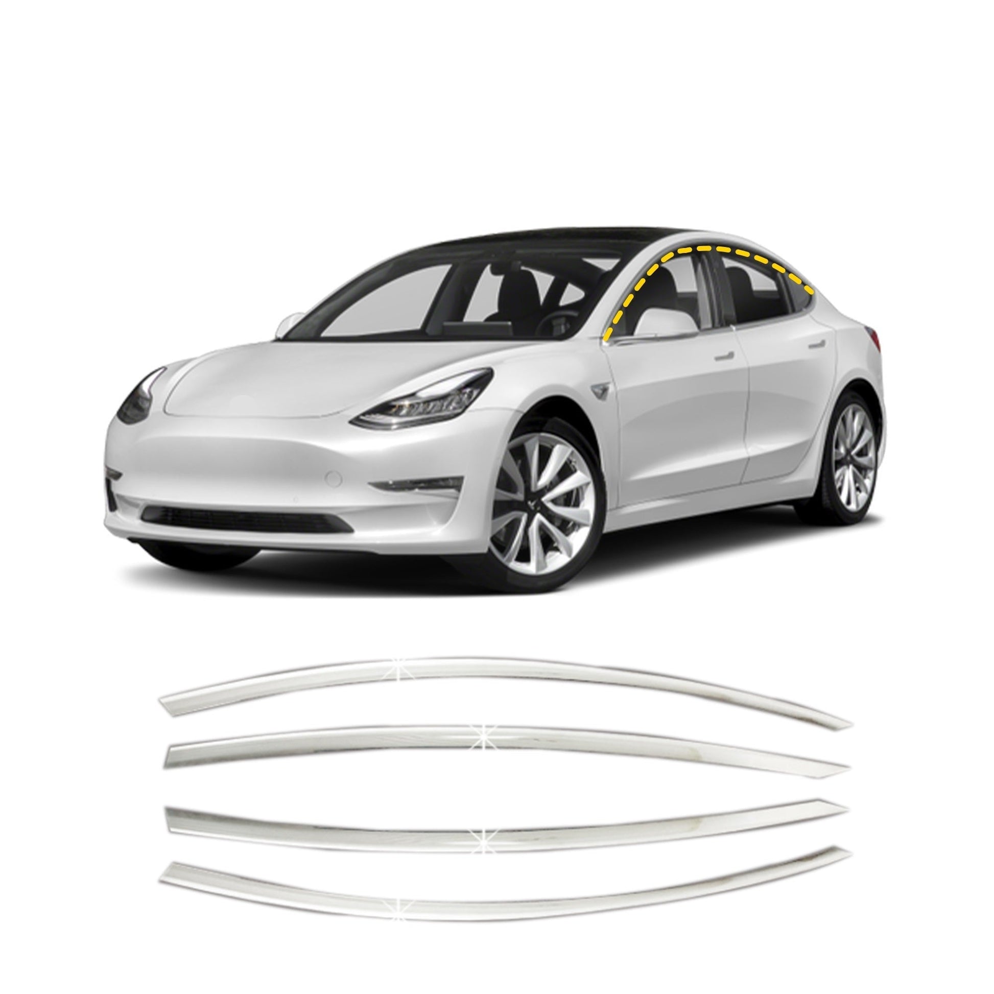 E0330 - Autoclover Rain Guards for Tesla Model3 2017-2022 (4PCs) Chrome Finish Tape-On Style - northernprimesupply